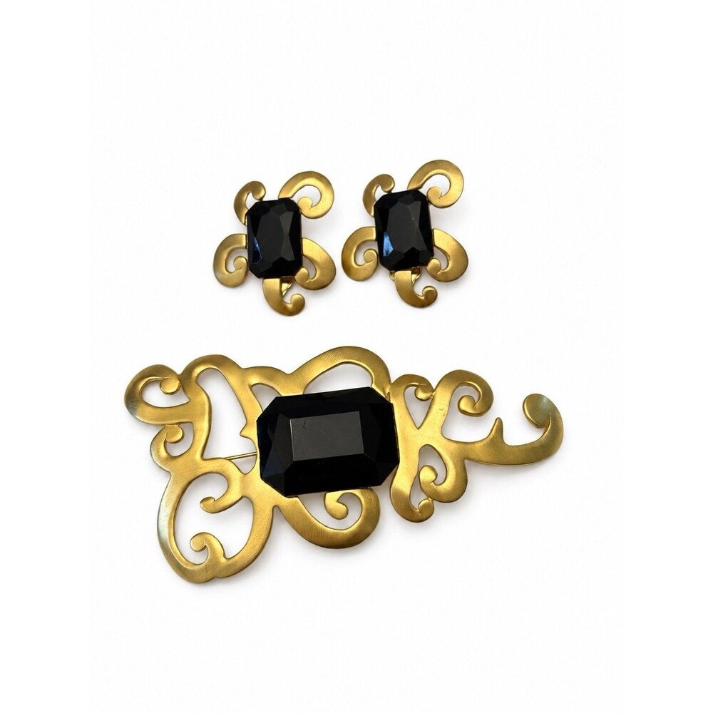 Rare 1970s Vendome Oversized Brooch Clip Earrings Set Black Glass Gold Tone